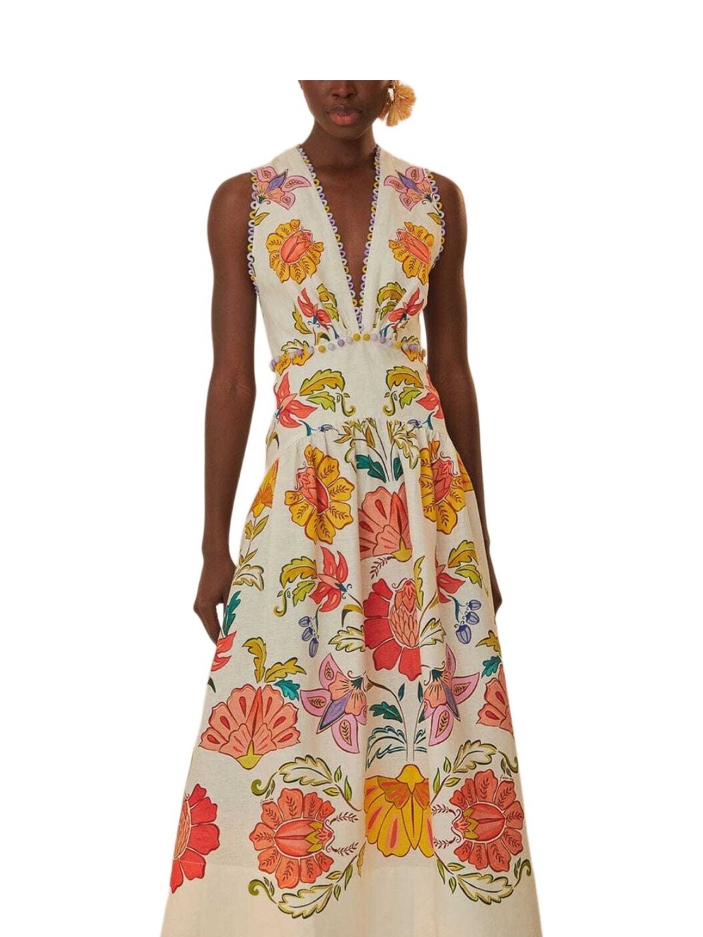 Ivory Floral V-Neck Maxi Dress with Colorful Embroidery - Picture 2 of 3